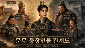 문무 등장인물 관계도와 김법민·김춘추·김유신·연개소문 등 주요 인물 관계를 표현한 대표 이미지