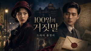 100일의 거짓말 드라마 총정리 대표 이미지, 1930년대 경성을 배경으로 한 여성 밀정과 엘리트 통역관, 비밀문서와 봉인된 편지가 어우러진 첩보 로맨스 분위기 이미지