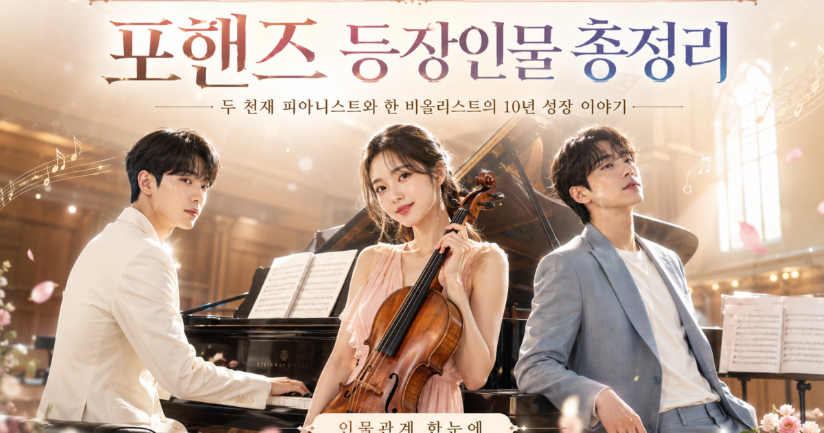 포핸즈 등장인물 총정리 대표 이미지, 송강·이준영·장규리의 피아노와 비올라를 중심으로 한 10년 성장과 인물관계를 표현한 이미지