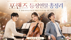 포핸즈 등장인물 총정리 대표 이미지, 송강·이준영·장규리의 피아노와 비올라를 중심으로 한 10년 성장과 인물관계를 표현한 이미지