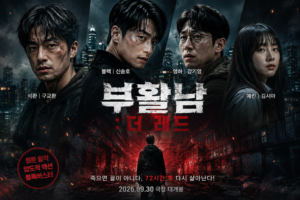 부활남 더 레드 등장인물 구교환 신승호 강기영 김시아와 웹툰 원작을 표현한 영화 대표 이미지