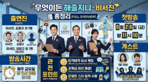 예능 프로그램 '무엇이든 해줄지니-비서진'의 출연진, 첫방송 날짜, 방송 시간, 게스트 및 관전 포인트를 한눈에 볼 수 있도록 정리한 방송 홍보 인포그래픽 이미지.