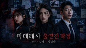 마데레사 출연진 나나·김단·정건주와 범죄심리학자·조교·검사 인물관계를 표현한 넷플릭스 미스터리 대표 이미지