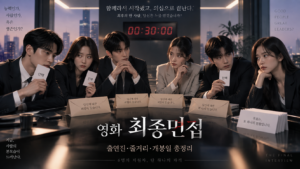 영화 최종면접 대표 이미지, 6명의 지원자가 최종 합격을 두고 심리전을 벌이는 미스터리 스릴러 분위기의 회의실 장면