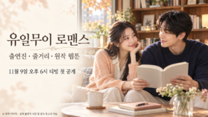 유일무이로맨스 출연진 소개용 AI 창작 이미지로, 따뜻한 독서 공간에서 가상의 남녀가 책을 함께 보며 미소 짓는 모습