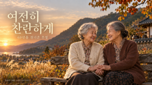 가을 노을이 비치는 시골 마을에서 두 노년 여성이 손을 맞잡고 미소 짓는 여전히 찬란하게 주제의 창작 이미지