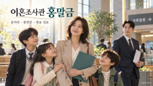 밝은 법원 로비에서 서류를 든 여성과 세 아이, 정장 차림의 변호사를 표현한 이혼조사관 홍말금 주제의 AI 창작 이미지