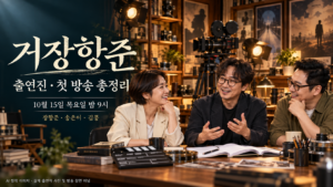 거장항준 출연진 소개용 AI 창작 이미지로, 영화 작업실에서 가상의 진행자 세 명이 대본을 펼쳐 놓고 대화하는 모습