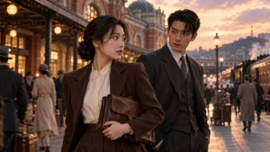 노을 진 옛 기차역 앞에서 낡은 가죽 가방을 든 여성과 정장 차림의 남성이 서로를 경계하며 바라보는 모습