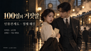 100일의 거짓말 인물관계도 해설 대표 이미지로, 경성역 분위기의 배경에 남녀 창작 인물과 이가경·금서희, 김태웅·사토 히데오 이름을 표현한 장면