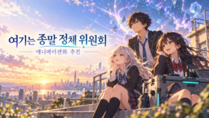 여기는 종말 정체 위원회 애니화 추진을 주제로, 노을과 신비로운 하늘 아래 학교 옥상에 모인 세 학생을 그린 일러스트