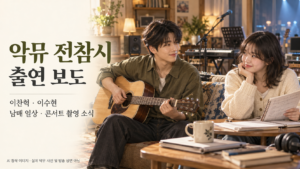 악뮤 전참시 출연 소식을 소개하는 AI 창작 이미지로, 음악 작업실에서 가상의 남매가 기타와 악보를 함께 보는 모습