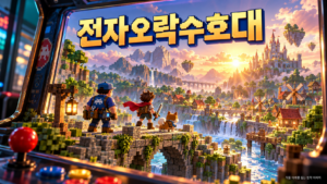 전자오락수호대 영화 소개용 창작 이미지로, 레트로 오락기 화면 속 픽셀 마을과 성을 바라보는 모험가들의 모습