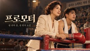 프로모터 드라마 소개용 AI 이미지로, 복싱 링 옆에서 여성 프로모터와 빨간 글러브를 착용한 청년 복서가 앞을 바라보는 모습