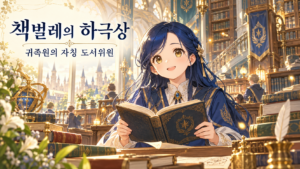 책벌레의 하극상 귀족원의 자칭 도서위원을 주제로, 햇살이 비치는 웅장한 도서관에서 푸른 옷의 소녀가 책을 읽는 일러스트