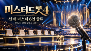미스터트롯4 선배 마스터 6인 합류와 2026년 12월 첫방송 예정을 안내하는 금빛 경연 무대와 마이크 콘셉트 이미지