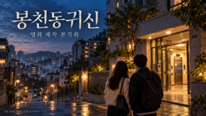 봉천동귀신 영화 소개용 AI 이미지로, 저녁 아파트 입구를 바라보는 두 청년과 조명이 켜진 서울 주택가 골목