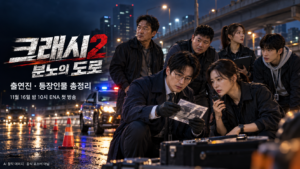 크래시2: 분노의 도로 출연진 소개용 AI 창작 이미지, 비에 젖은 야간 도로에서 증거를 살펴보는 가상의 교통범죄 수사팀 6명