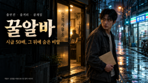 비 내리는 밤 인력사무소 앞에서 서류 봉투를 들고 주변을 살피는 청년을 담은 꿀알바 주제의 창작 이미지