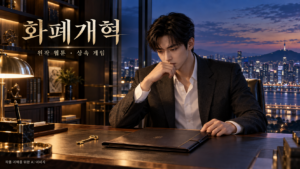 화폐개혁 드라마 소개용 AI 이미지로, 도시 야경이 보이는 서재에서 청년이 상속 서류 앞에 앉아 고민하는 모습