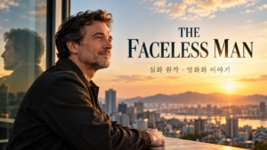 The Faceless Man 영화화 소개 이미지로, 따뜻한 햇살 속 도시를 바라보는 중년 남성과 창문에 비친 모습