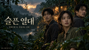슬픈 열대 제목과 안개 낀 열대우림에서 서로 다른 방향을 경계하는 세 인물을 담은 창작 이미지
