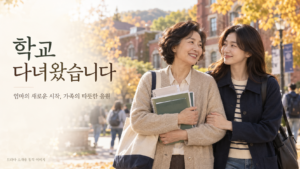 학교 다녀왔습니다 제목과 함께 대학 캠퍼스에서 책을 든 중년 엄마와 팔짱을 낀 성인 딸이 웃는 창작 이미지