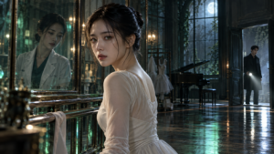 초록빛 눈동자의 발레리나와 거울 속 흰 가운을 입은 여성, 문가에서 손전등을 든 형사를 표현한 M: 리부트 콘셉트 이미지
