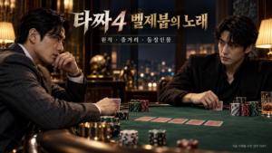 타짜4 벨제붑의 노래의 대립 구도를 표현한 두 남성과 포커 카드·칩이 놓인 테이블의 창작 이미지