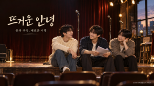 뜨거운 안녕 드라마의 꿈과 우정을 표현한 이미지로, 작은 공연장 무대에 앉아 대본을 들고 웃는 청년 세 명