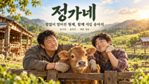 정가네 영화의 형제와 송아지 이야기를 표현한 따뜻한 목장 배경의 콘셉트 일러스트