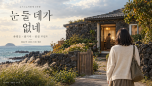 눈 둘 데가 없네 출연진과 줄거리 안내를 위해 제주 바닷가 돌담집을 찾아가는 여성의 뒷모습을 표현한 콘셉트 이미지