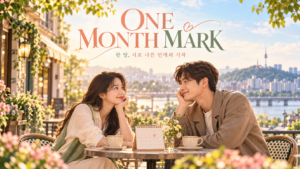 One Month Mark 영화 소개 문구와 야외 카페에서 달력을 사이에 두고 서로 미소 짓는 남녀