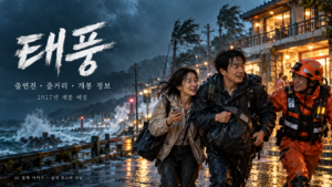 태풍 영화 2027 소개용 AI 창작 이미지, 거센 비바람이 몰아치는 해안 마을에서 피난처로 이동하는 가상의 부부와 구조대원