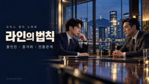 도시 야경이 보이는 은행 회의실에서 정장 차림의 두 남성이 마주하는 라인의 법칙 드라마 소개용 창작 이미지
