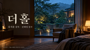 더 홀 영화 소개용 창작 이미지로, 비 내리는 정원이 보이는 창가에 빈 안락의자와 따뜻한 조명이 놓인 실내