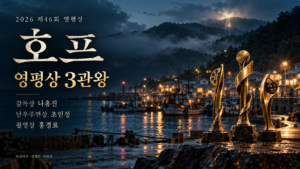 호프 영평상 3관왕과 나홍진·조인성·홍경표의 수상을 안내하는 항구 배경과 금빛 트로피 3개 콘셉트 이미지