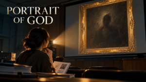 어두운 강의실에서 노트를 펼친 여성이 금빛 액자의 초상화를 바라보는 Portrait of God 해설용 이미지
