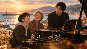 흐르는 여정 영화 창작 대표 이미지, 노을 지는 강릉 바다와 피아노 앞에 모인 세 사람