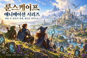 룬스케이프 애니메이션 소개를 위해 모험가 세 명과 성, 드래곤, 빛나는 룬을 그린 판타지 일러스트
