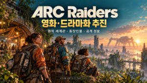 ARC Raiders 영화·드라마화 추진을 소개하는 탐험가 세 명과 미래 도시, 거대 기계를 담은 콘셉트 일러스트
